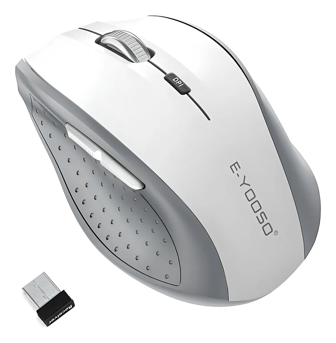 Mouse Gris/Blanco Inalambrico Ergonomico Con Receptor Usb, 6 Botones