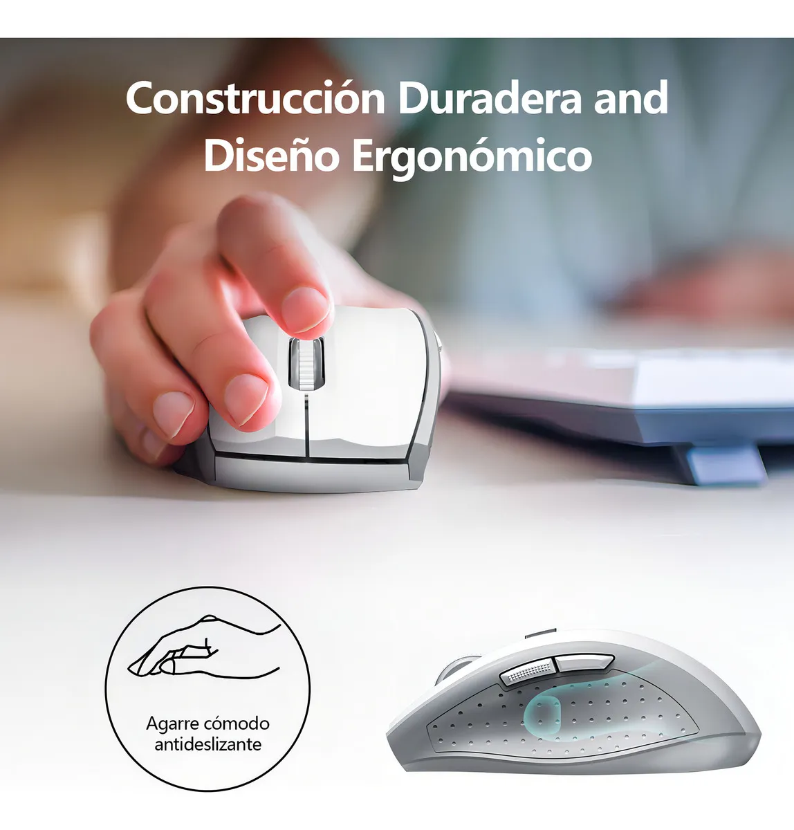 Mouse Gris/Blanco Inalambrico Ergonomico Con Receptor Usb, 6 Botones - Imagen 2
